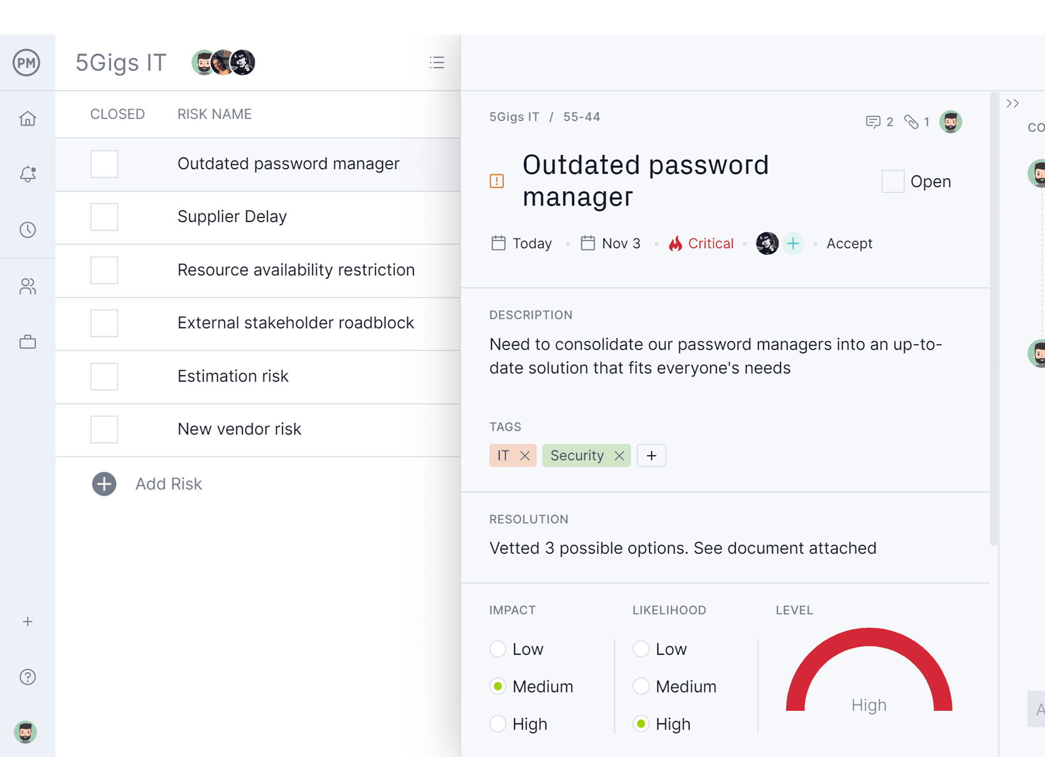 project risk management software with risk matrix