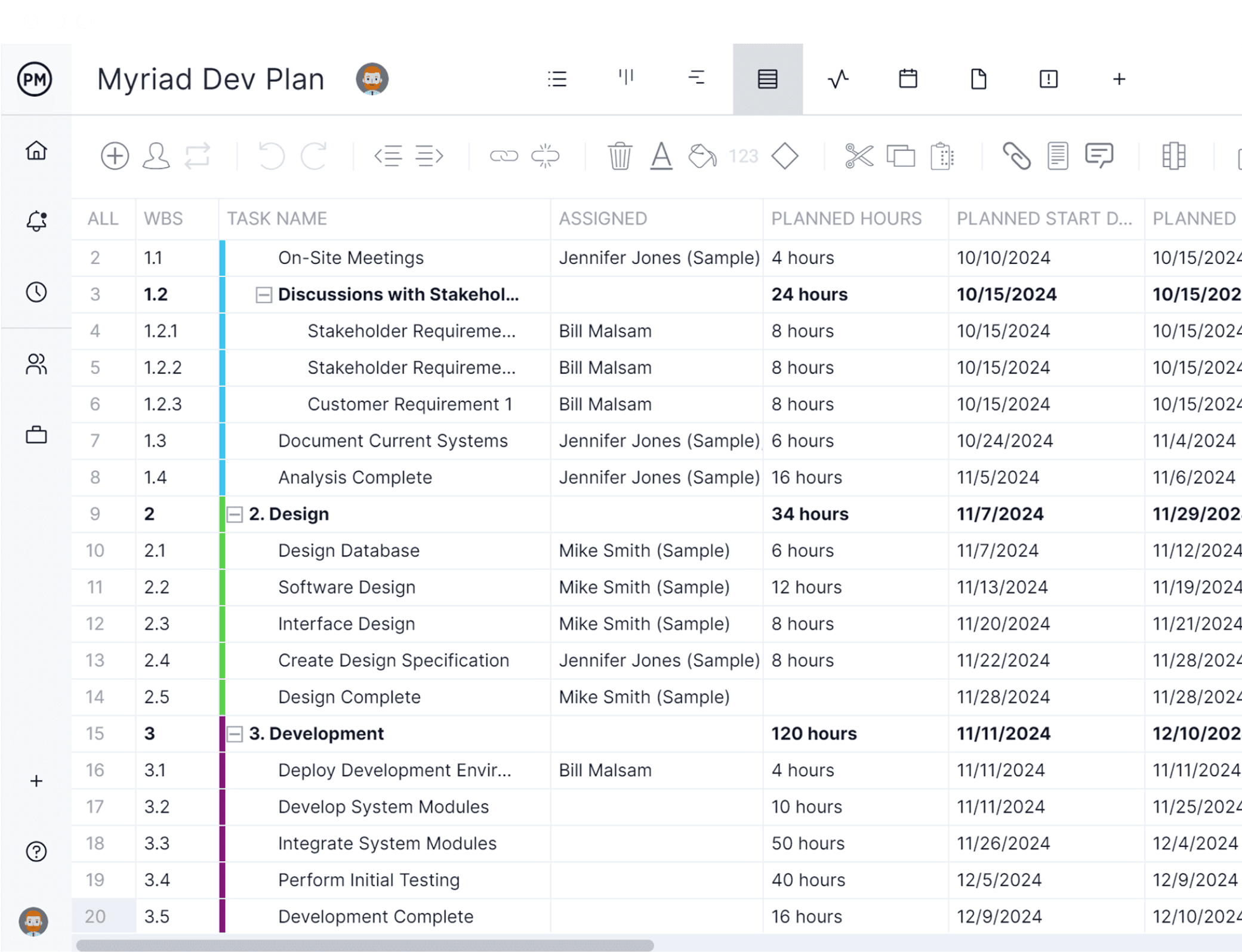 WBS software in spreadsheet view